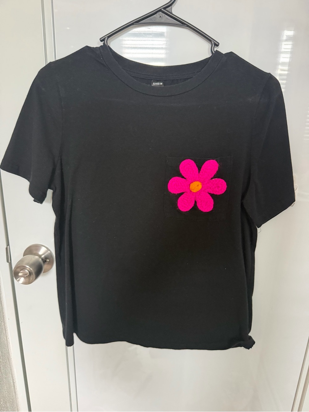 SHEIN Black Short Sleeve Tee with Pink Flower Pocket